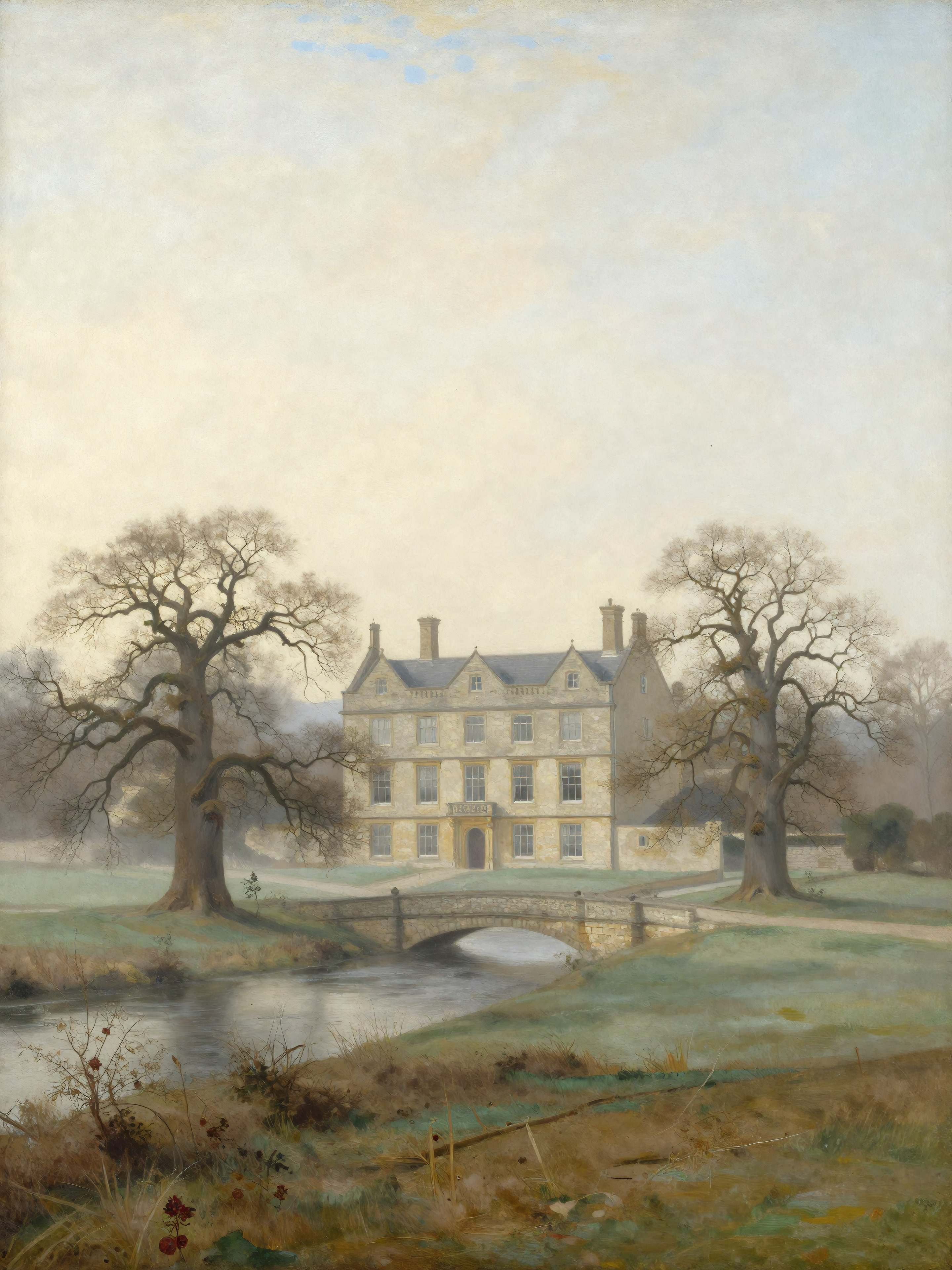An English manor among oak trees by a stone bridge