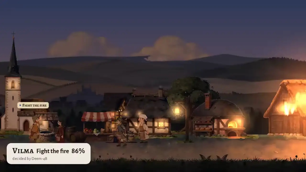 Vilma heads to fight the fire as flames engulf the barn at dusk.