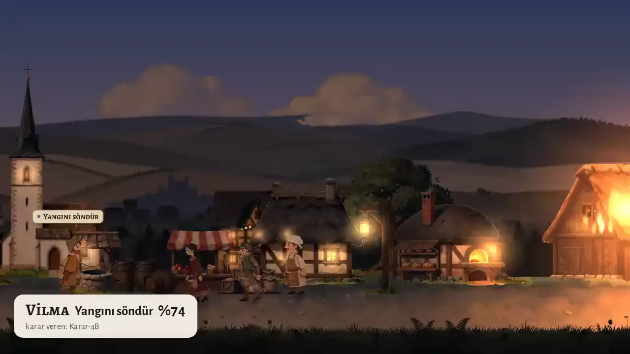 Vilma heads to fight the fire as flames engulf the barn at dusk.