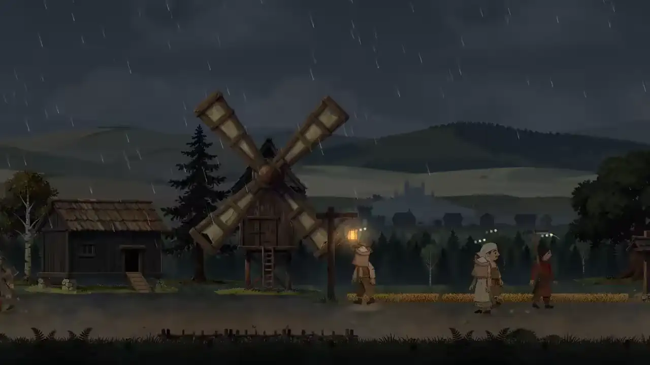 Dorfbewohner stehen an der Windmühle, während Regen über die Felder zieht.