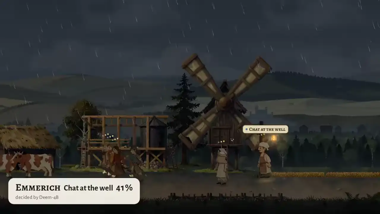 Villagers stand near the windmill as rain sweeps across the fields.