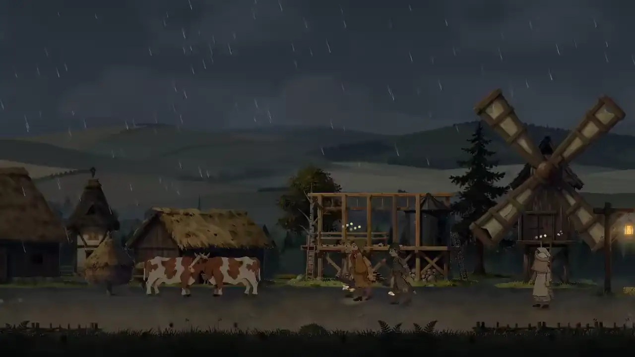 Villagers stand near the windmill as rain sweeps across the fields.